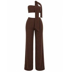 Jumpsuit Crochet Brown One Shoulder Cutout Sz M Fashion Nova